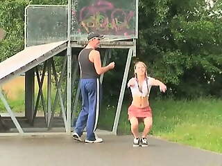 get under one's jogging instructor takes his young student into get under one's woods