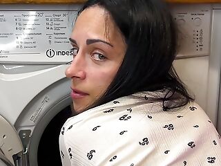 Stepson fucked Stepmom while she in within washing machine. Anal Creampie